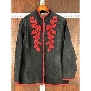 Linea Louis Dell' Olio Floral Applique Lined Leather Coat Black Red Womens Large
